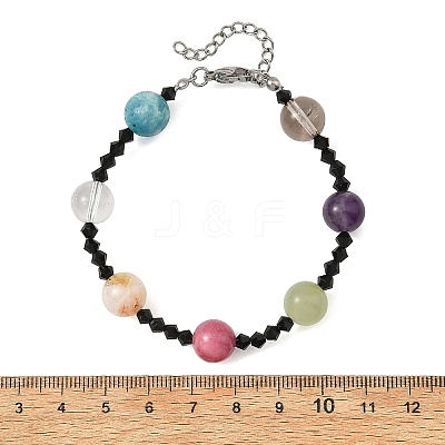 Round Natural Mixed Stone and Black Bicone Glass Beaded Bracelets for Women BJEW-TA00752-1