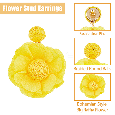 4 Pairs 4 Colors Bohemian Style Raffia Flower Dangle Stud Earrings with Iron Pins EJEW-FI0002-26-1