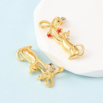 Bowknot with Cat Shape Brass Enamel Dangle Stud Earrings EJEW-F401-02G-1