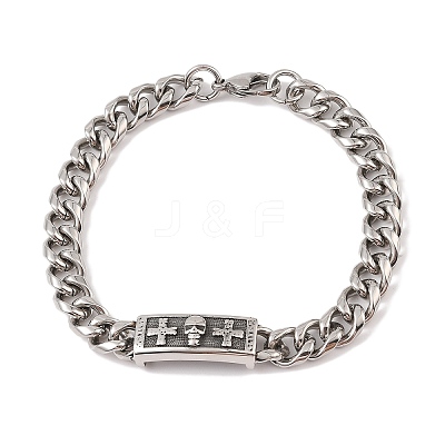 304 Stainless Steel Viking Rectangle with Cross Skull Link Chain Bracelets for Men BJEW-B096-49A-1