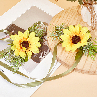 4Pcs Cloth Imitation Sunflower Wrist Corsages AJEW-CP0008-43-1