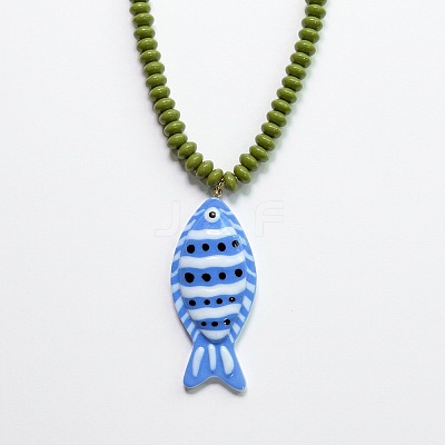 Summer Beach Resin Blue Fish Pendant Rondelle Beaded Necklaces for Women WG3A5E5-04-1