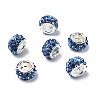 Polymer Clay Rhinestone European Large Hole Beads with Silver Color Plated Brass Cores FPDL-R002-08-1
