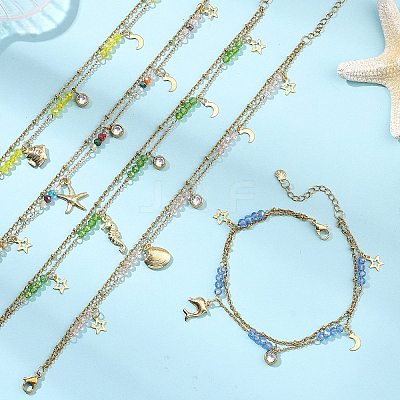 Ocean Faceted Rondelle Electroplate Glass 2-Strand 304 Stainless Steel Sea Animals Charm Anklets for Women AJEW-AN00793-1