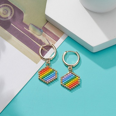 Rainbow Color Japanese Seed Braided Hexagon Dangle Hoop Earrings EJEW-MZ00005-1