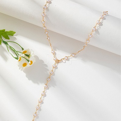 Flat Round Brass with Plastic Pearl Lariat Necklaces FS-WG1426B-01-1