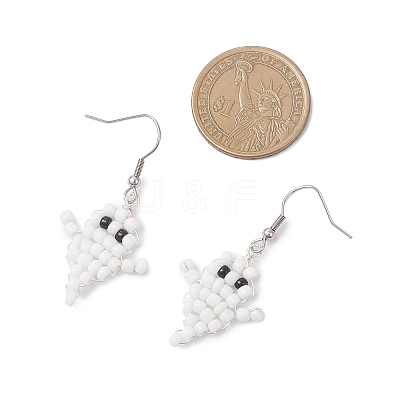 Halloween Ghost Glass Seed Beaded Dangle Earrings EJEW-TA00750-1
