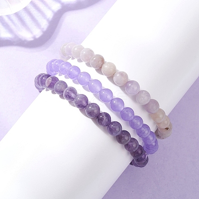 3Pcs Natural Amethyst & Dyed Malaysia Jade & Lavender Amethyst Round Beaded Stretch Bracelets for Women BJEW-JB12835-1