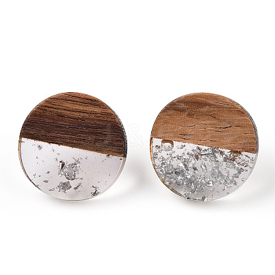 Resin & Walnut Wood Flat Round Stud Earrings with 304 Stainless Steel Pin for Women EJEW-TADZ0001-01S-1