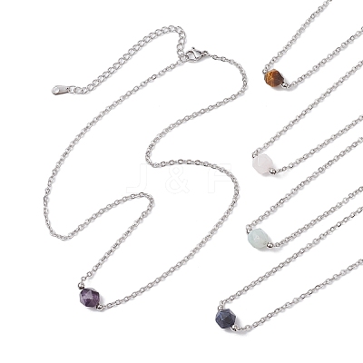 Natural Amethyst/Rose Quartz/Tiger Eye/Amazonite/Sodalite Faceted Round Pendant Necklaces NJEW-JN05133-01-1
