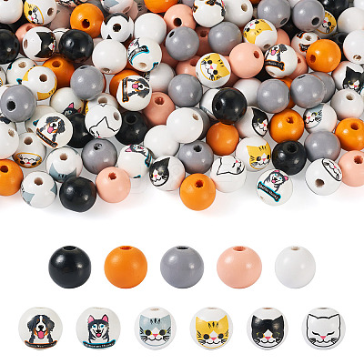 160Pcs 11 Styles Printed Cat & Dog Wood Beads WOOD-TA0001-74-1