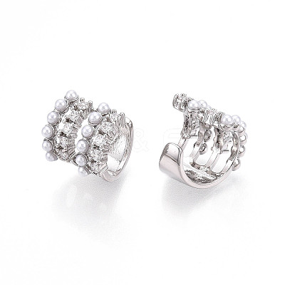 Brass Micro Pave Clear Cubic Zirconia and ABS Imitation Pearl Cuff Earrings KK-T074-39P-1