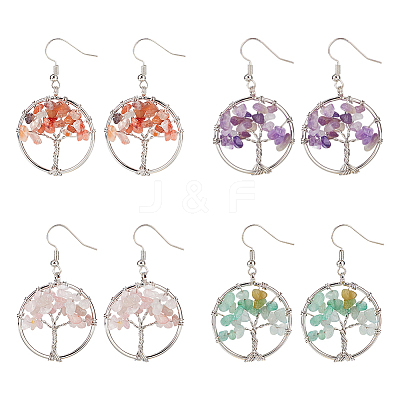 4 Pairs 4 Style Natural Mixed Gemstone Chips Tree of Life Dangle Earrings EJEW-AN0002-48-1