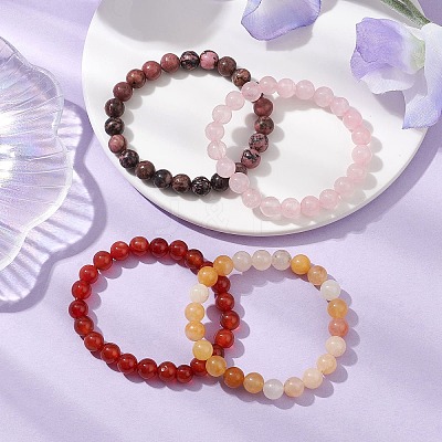 4Pcs Constellation 8mm Round Natural Rhodonite & Rose Quartz & Dyed Jade & Carnelian Beaded Stretch Bracelets for Women BJEW-JB10642-1