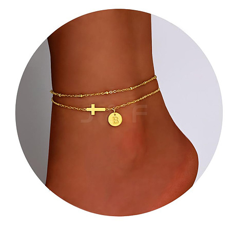 Brass Sideways Cross Link Anklets with Flat Round Initial Charms FS-WG12DAA-02-1