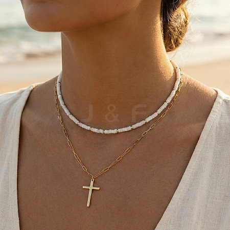 Beach Vacation Style Stainless Steel Religion Cross Pendant Natural White Jade Heishi Beaded Double Layer Necklaces for Women QG1443-1