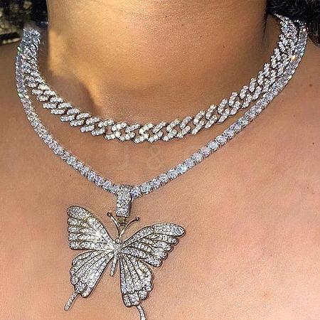 2Pcs Alloy Crystal Rhinestone Butterfly Pendant Necklaces for Women WG05CA5-03-1