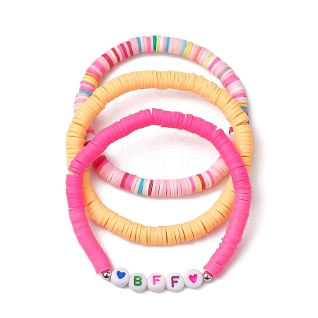 3Pcs 3 Colors Polymer Clay Disc Beaded Stretch Bracelet Sets BJEW-JB10441-01-1