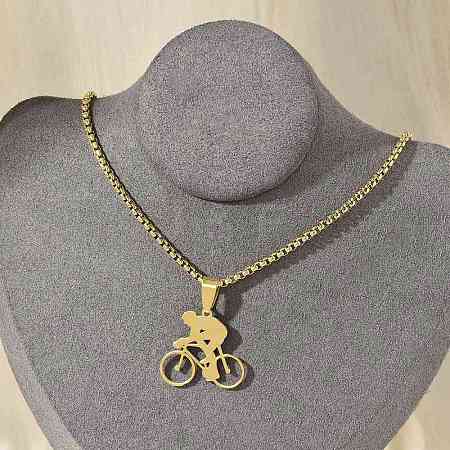 304 Stainless Steel Bicycle Riding Pendant Box Chain Necklaces NJEW-H055-01G-1