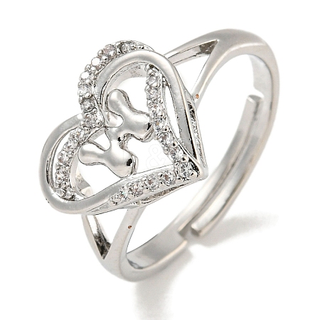 Heart with Letter Rack Plating Brass Micro Pave Clear Cubic Zirconia Adjustable Rings for Women RJEW-I105-01P-W-1