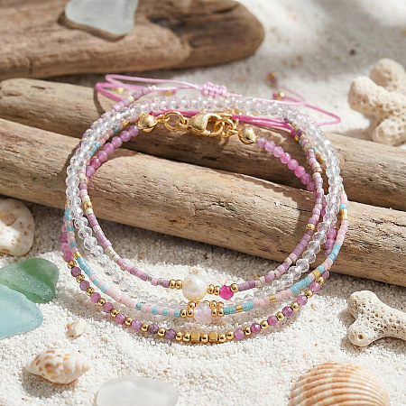 4Pcs 4 Styles Natural Gemstone Round Beaded Bracelets & Glass Seed Beads Adjustable Bracelets & Glass Round Beaded Charm Bracelets Set for Women EV4256-1-1