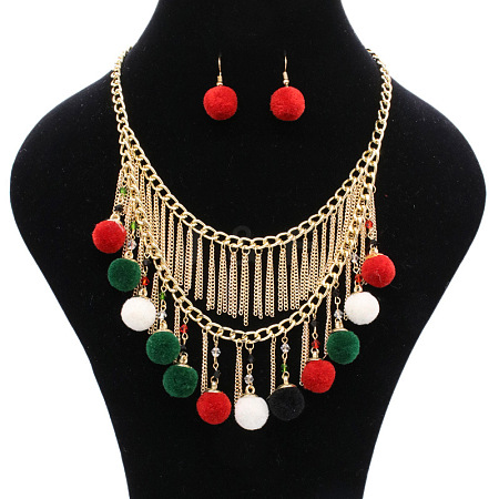 Christmas Polyester Pompom Ball Necklaces & Dangle Earring Sets FS-WG24699-05-1