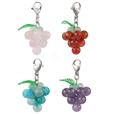 4Pcs 4 Styles Grape Natural Green Aventurine & Hemimorphite & Rose Quartz & Carnelian & Amethyst Pendant Decoration HJEW-TA00293-1