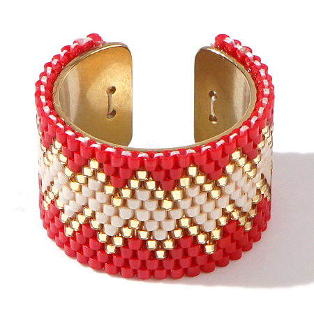 Adjustable Bohemian Style 304 Stainless Steel and Glass Seed Beads Cuff Rings FS-WG09053-18-1