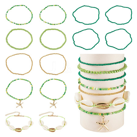 2 Bags Summer Beach Glass Seed Beaded & Natural Shell & Alloy Starfish Charm Anklet Sets AJEW-TA0003-69E-1