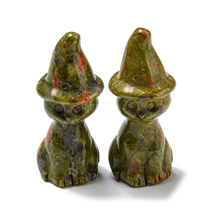 Natural Unakite Carved Healing Cat with Witch Hat Figurines DJEW-D012-07H-1