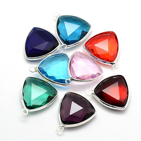 Silver Color Plated Brass Glass Triangle Pendants GLAA-J012-S-1