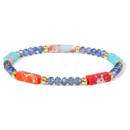 Dyed Synthetic Imperial Jasper Cuboid & Faceted Rondelle Dyed White Jade & Round Brass Beaded Stretch Bracelets QY8342-6-1