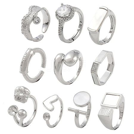 10Pcs 10 Styles Brass Adjustable Rings & Open Cuff Rings Set RJEW-A039-02P-1