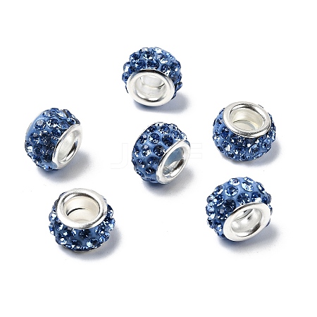 Polymer Clay Rhinestone European Large Hole Beads with Silver Color Plated Brass Cores FPDL-R002-08-1