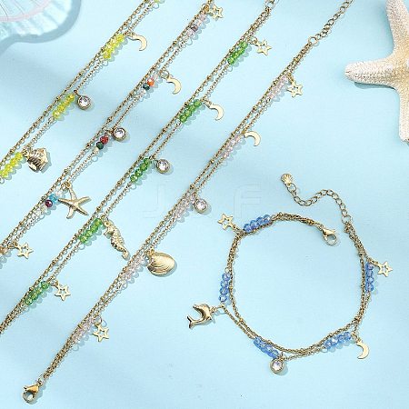 Ocean Faceted Rondelle Electroplate Glass 2-Strand 304 Stainless Steel Sea Animals Charm Anklets for Women AJEW-AN00793-1