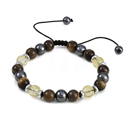 Non-Magnetic Synthetic Hematite & Synthetic Citrine & Natural Yellow Tiger Eye Round Beaded Braided Bracelets for Men Women BJEW-JB11185-03-1