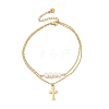 304 Stainless Steel & Plastic Imitaiton Pearl Double Layer Cross Charm Anklets for Women AJEW-A059-01G-01-2