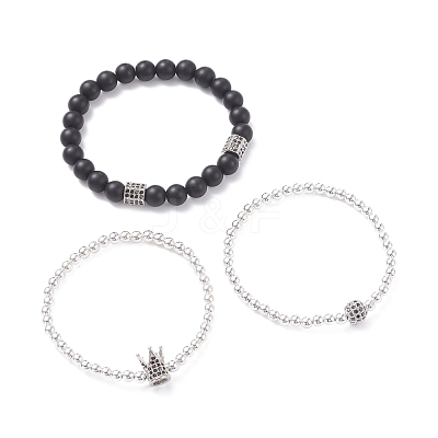 3Pcs 3 Style Round Synthetic Black Stone & Hematite Beaded Stretch Bracelets Set BJEW-JB07688-03-1
