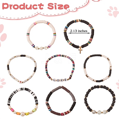 8Pcs 8 Style Polymer Clay Heishi & Natural Pearl & Natural Sea Shell Beads Stretch Bracelets Set for Girl Women BJEW-SZ0001-82-1