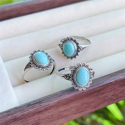 Adjustable Synthetic Turquoise with 925 Sterling Silver Finger Rings Sets RJEW-C155-09A-1