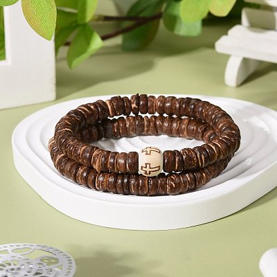 Flat Round Coconut Beads Stretch Bracelets Set BJEW-JB07010-1