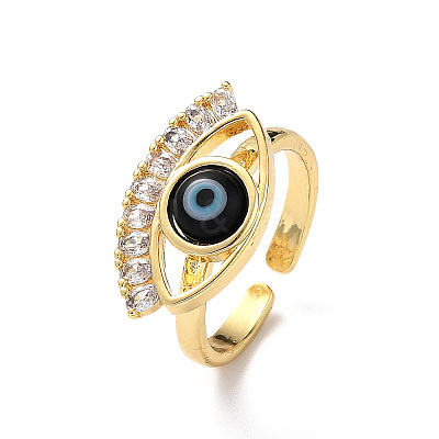 Lampwork Evil Eye Open Cuff Ring with Clear Cubic Zirconia RJEW-L104-02G-01-1