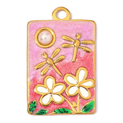 304 Stainless Steel with Pink Enamel Pendants SA-OY003-67G-1