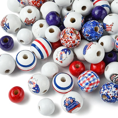 75Pcs 12 Styles Independence Day Theme Wood European Beads WOOD-FS0001-22-1