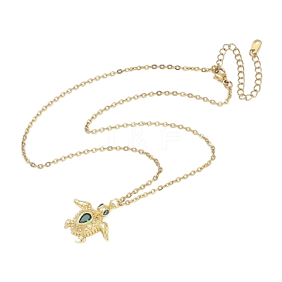 Ocean Brass Pavel Green Cubic Zirconia Sea Turtle Pendant 304 Stainless Steel Cable Chain Necklaces NJEW-JN06678-1