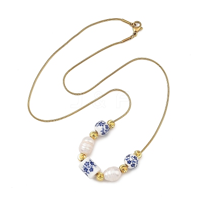 Natural Pearl Rice & Handmade Chinoiserie Floral Printed Porcelain Beaded Necklaces with Brass Round Snake Chains for Women NJEW-JN06400-1