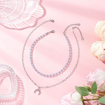Natural Dyed Malaysia Jade Round Bead 304 Stainless Steel Moon Pendant Double Layer Necklaces for Women NJEW-JN05482-1