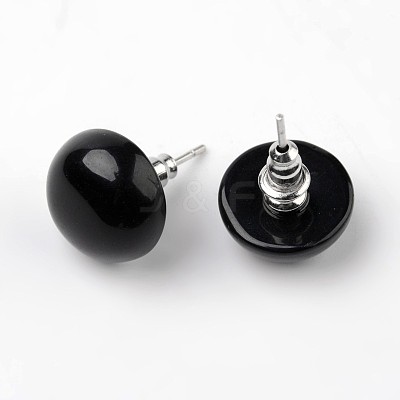Half Round Dome Natural Dyed & Heated Black Agate Stud Earrings EJEW-L171-07-1