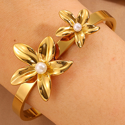 304 Stainless Steel & Imitation Pearl Hinged Bangles for Women WG2B9FA-01-1