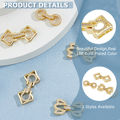 6Pcs 3 Styles Rack Plating Brass Micro Pave Clear Cubic Zirconia Fold Over Clasps KK-HS0001-02G-1
